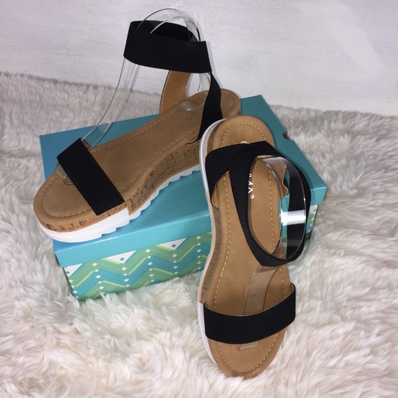 NIB Black Wedge Platform Sandals Stacked Cork Look Elastic Anna - Picture 8 of 14